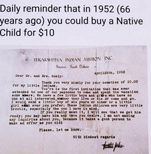 Daily reminder that in 1952 (It’s now 73 years later) you could buy a Native Child for $10.