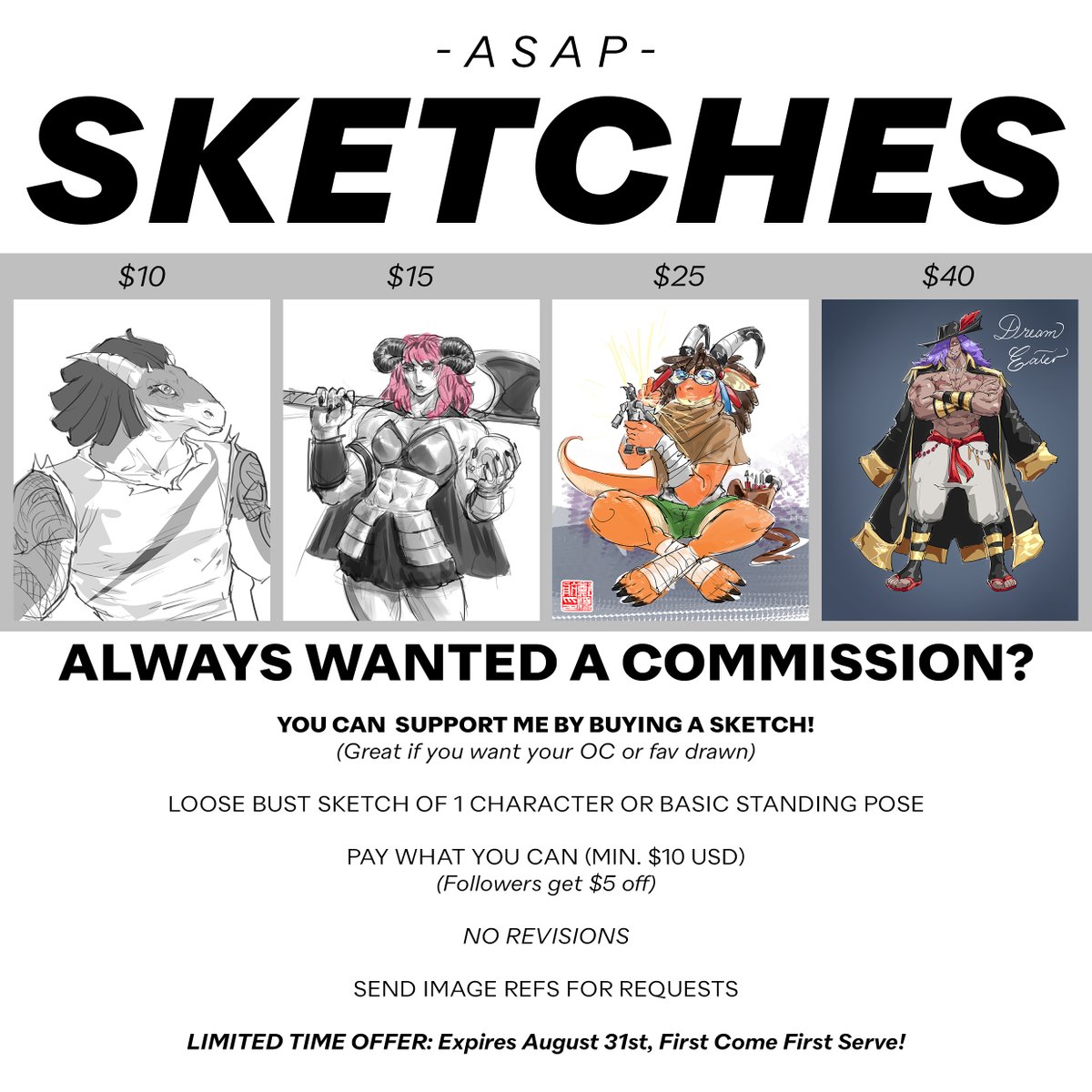 LIMITED TIME ONLY: Quick Sketch Commissions

‼️Starting at just $10 — 1-2 day turnaround, simple &amp; fun!

Followers get $5 off (so tier 1 would be only $5!)

❗️ Only taking 3 requests, so act fast!