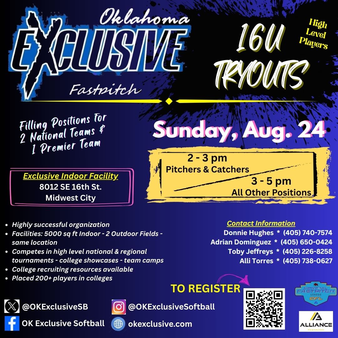 OKExclusiveSB's tweet photo. You asked - we delivered!  2nd round of 16U tryouts being held Sunday, August 24th at Exclusive's facility &amp; fields (same location).  Come be a part of an organization focused on building elite &amp; solid players!
Register Link:  https://t.co/hEbKeuHJ1S https://t.co/2Qi6Ahtwg7