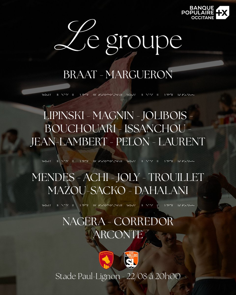 Voici les 𝟏𝟗 𝐣𝐨𝐮𝐞𝐮𝐫𝐬 retenus pour la réception du <a href="/stadelavallois/">Stade Lavallois</a>, présentés par la Banque Populaire Occitane 👊

𝐁𝐥𝐞𝐬𝐬𝐞́𝐬 : Ponti, Vangi, Galves, Younoussa, Baaloudj et Tebily
𝐂𝐡𝐨𝐢𝐱 𝐝𝐮 𝐜𝐨𝐚𝐜𝐡 : Crombez - Baldé

Match à suivre en live tweet, sur