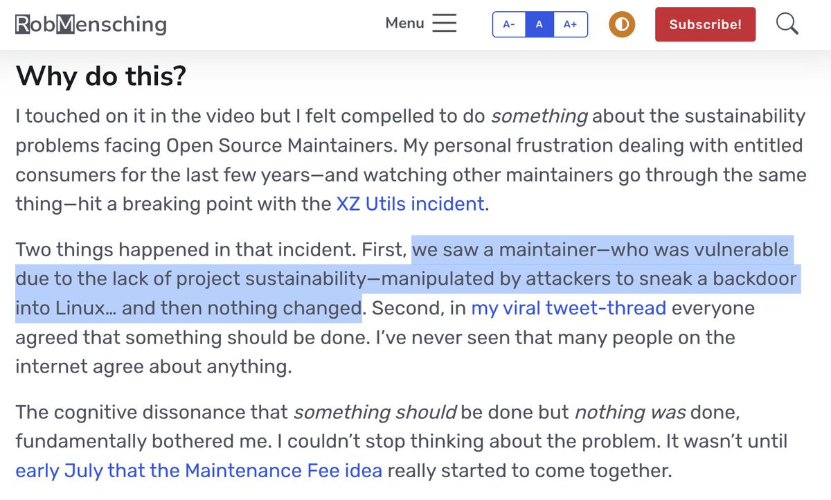 Gergely Orosz (@gergelyorosz) on Twitter photo Honestly, we should celebrate an OSS maintainer putting their foot down, saying "you know what, I'd like to make my OSS project that is heavily used commercially to be sustainable the long-term, and not burn out."
This is what <a href="/robmen/">Rob Mensching</a> is attempting to do, and it's great. Honestly, we should celebrate an OSS maintainer putting their foot down, saying "you know what, I'd like to make my OSS project that is heavily used commercially to be sustainable the long-term, and not burn out."
This is what <a href="/robmen/">Rob Mensching</a> is attempting to do, and it's great.
