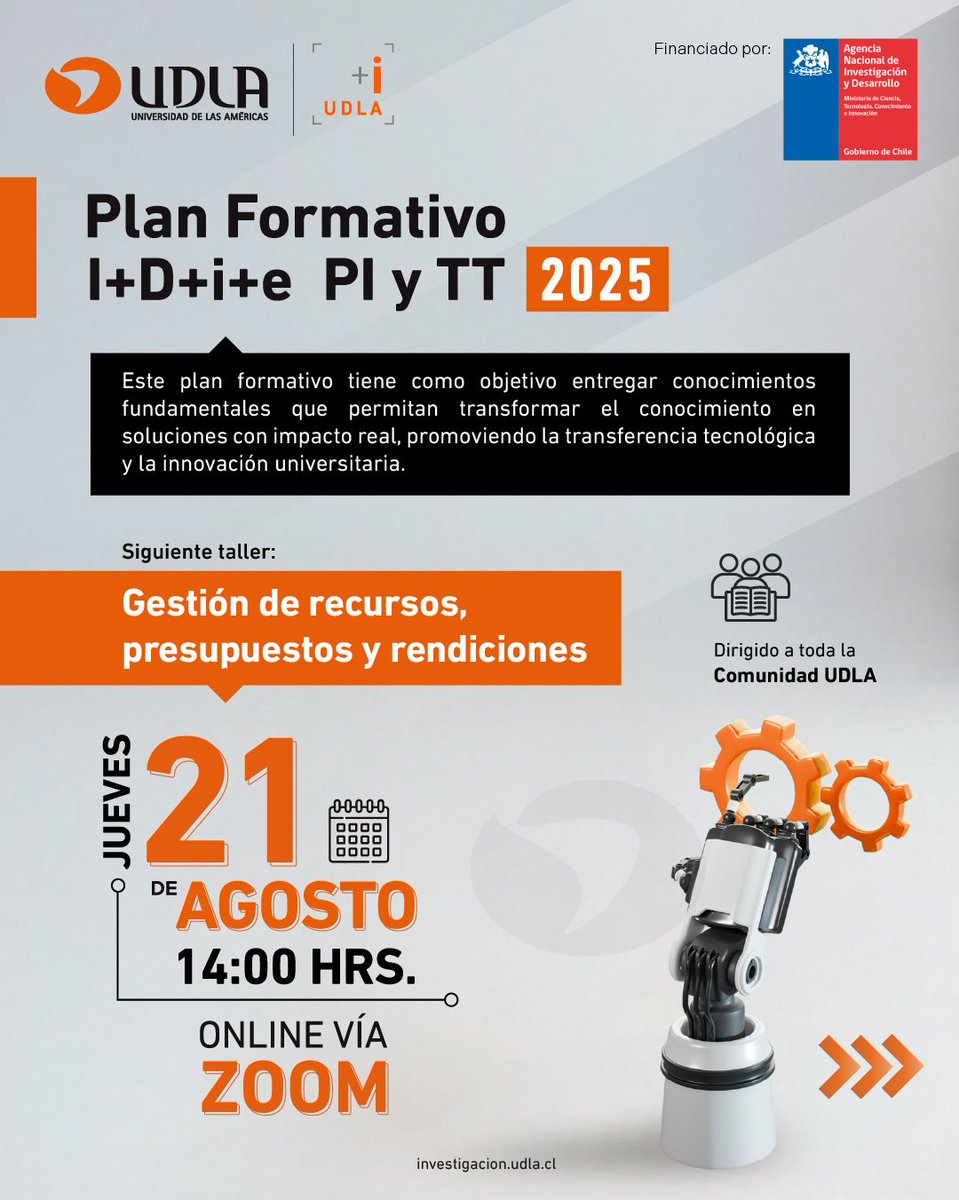🚀¡Hoy! Nuevo taller del #PlanFormativo2025 en I+D+i+e. PI y TT!

🎯 Taller: Gestión de recursos, presupuestos y rendiciones.
📅 Jueves 21 de agosto
🕟 14:00 horas
🔗 Inscríbete aquí: forms.office.com/r/gijaBXzfSB

#UDLAi #UDLAinvestiga