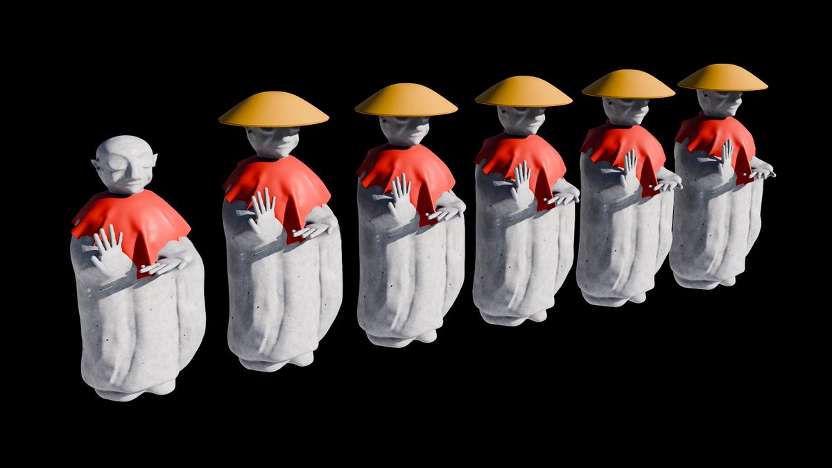 今日のお題「お地蔵様」です。
 #深夜のモデリング60分一本勝負 
#b3d #3DCG #blender

笠地蔵。