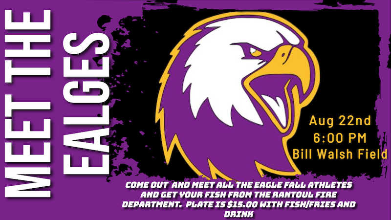 Come to Meet the Eagles on Friday!!!

Volleyball Starts at 5:00 in the Main Gym with all the other festivities starting at 6:00 at the Football Field along with the Rantoul Fire Department Fish Fry