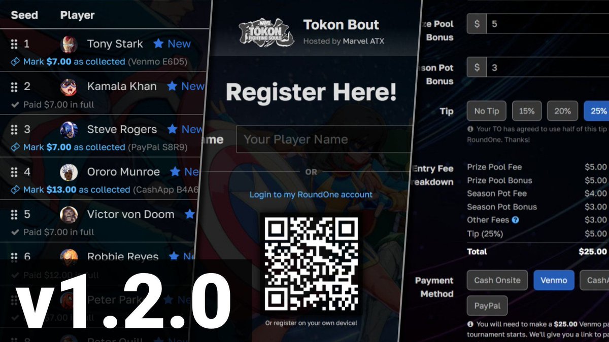 RoundOneApp's tweet image. 🎉 RoundOne v1.2.0 is LIVE!
round.one

This update brings:
💰 Prize Pools, Season Pots, Entry Fees, &amp;amp; Sponsors
🎫 Kiosk Registration &amp;amp; Invite Links
✨ New Community Member Tools
🚀 Payment History &amp;amp; Contributions

Tournaments start here 👊

#indiedev #fgc #esports