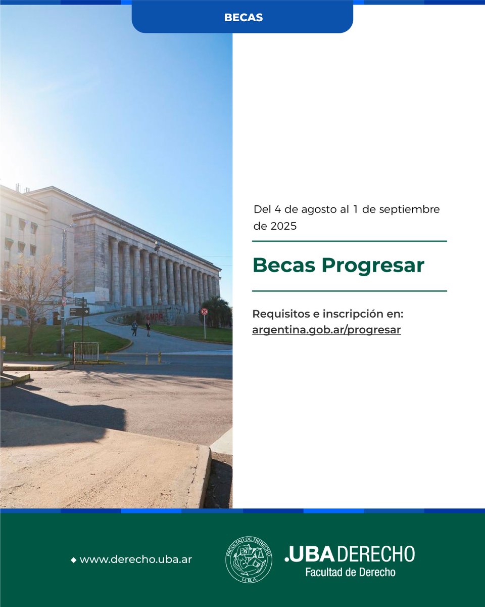 DerechoUBA's tweet photo. 📢📚 Becas Progresar 2025 - Segunda convocatoria

📅 Del 4 de agosto al 1 de septiembre

➕ Más información: https://t.co/wtcTTQpmPJ

#BecasProgresar #SegundaConvocatoria https://t.co/0F2V0GIyPb