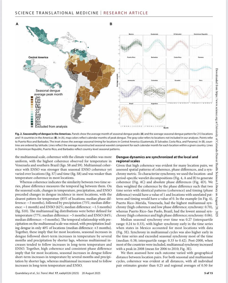 EstebanOrtizMD's tweet photo. El día de ayer se publicó nuestro trabajo sobre la dinámica de transmisión del dengue en las Américas, y se publicó nada más de nada menos que en @ScienceMagazine 
Éste trabajo incluyó décadas de datos de varias partes de la región y un análisis que tomó más de cinco años. 
Un trabajo liderado por Talia Quandelacy de @ColoradoSPH y en donde tuve la oportunidad de colaborar nuevamente con colegas como @drrachellowe Anna Stewart @Manuel_Colome @BorborMerc55396 

Para mí es un orgullo estar dentro de ese selecto grupo de científicos entre ellos pocos ecuatorianos que han publicado sus trabajos en las revistas de la academia americana de ciencia. 

Éste trabajo incluyó colaboraciones con  @majohanss  @ColoradoSPH @espol @cdc_peru @CDCgov @UDLAEcuador @fiocruz @HopkinsMedicine @WHO @IAI_news 

En resumen, datos de 14 países nos muestran que el dengue tiene sincronía regional estacional (picos sur-norte por clima local como temp/precip) y multiannual (epidemias grandes cada 2-5 años, ligadas a ENSO y movilidad humana, con lag de solo 6 meses a 10k km). ¡ Este es un trabajo muy importante para la toma de decisiones de términos de salud pública y climatología. 

Dengue  Synchronized dynamics of dengue across the Americas | Science Translational Medicine https://t.co/G0vAgAHN4c