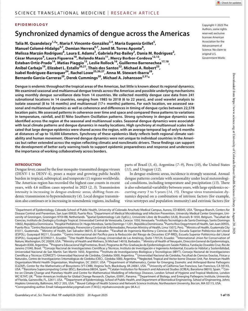 EstebanOrtizMD's tweet photo. El día de ayer se publicó nuestro trabajo sobre la dinámica de transmisión del dengue en las Américas, y se publicó nada más de nada menos que en @ScienceMagazine 
Éste trabajo incluyó décadas de datos de varias partes de la región y un análisis que tomó más de cinco años. 
Un trabajo liderado por Talia Quandelacy de @ColoradoSPH y en donde tuve la oportunidad de colaborar nuevamente con colegas como @drrachellowe Anna Stewart @Manuel_Colome @BorborMerc55396 

Para mí es un orgullo estar dentro de ese selecto grupo de científicos entre ellos pocos ecuatorianos que han publicado sus trabajos en las revistas de la academia americana de ciencia. 

Éste trabajo incluyó colaboraciones con  @majohanss  @ColoradoSPH @espol @cdc_peru @CDCgov @UDLAEcuador @fiocruz @HopkinsMedicine @WHO @IAI_news 

En resumen, datos de 14 países nos muestran que el dengue tiene sincronía regional estacional (picos sur-norte por clima local como temp/precip) y multiannual (epidemias grandes cada 2-5 años, ligadas a ENSO y movilidad humana, con lag de solo 6 meses a 10k km). ¡ Este es un trabajo muy importante para la toma de decisiones de términos de salud pública y climatología. 

Dengue  Synchronized dynamics of dengue across the Americas | Science Translational Medicine https://t.co/G0vAgAHN4c
