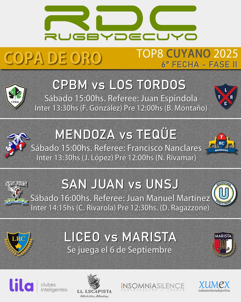 rugbydecuyo's tweet photo. 🏉 NUEVA FECHA DEL RUGBY CUYANO
📌 Así se juega este fin de semana la 6° fecha del Top 8, Copa de Plata y Bronce.
#Rugby #Mendoza #SanJuan #RugbydeCuyo #Regional2025 #Top8 #CopadePlata #CopadeBronce https://t.co/49VJcZb6Ji