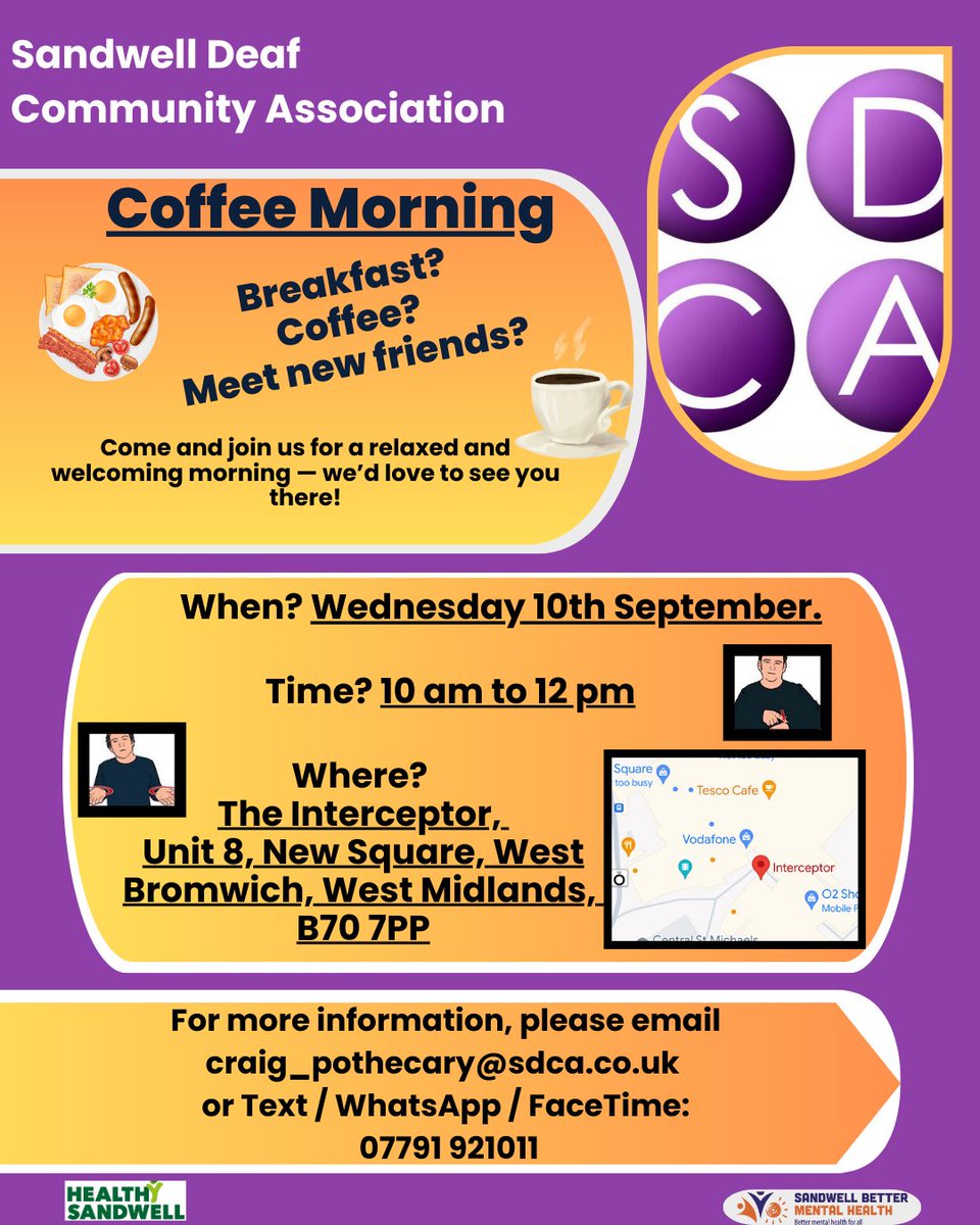 SDCA (@sandwelldeafcom) on Twitter photo 📢 Coffee Morning ☕💜
Wed, 10 Sept | 10am–12pm
📍 Interceptor, Unit 8 New St, West Bromwich, B70 7PP
A safe space for Deaf, Hard of Hearing & Deafblind to chat & connect 🧏♂️🧏♀️💜
📱 07791 921011 | 📧 craig_pothecary@sdca.co.uk 📢 Coffee Morning ☕💜
Wed, 10 Sept | 10am–12pm
📍 Interceptor, Unit 8 New St, West Bromwich, B70 7PP
A safe space for Deaf, Hard of Hearing & Deafblind to chat & connect 🧏♂️🧏♀️💜
📱 07791 921011 | 📧 craig_pothecary@sdca.co.uk