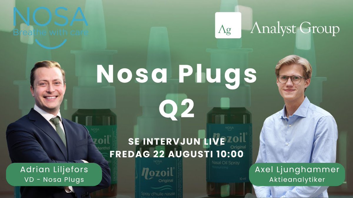 Idag 10.00 intervjuas Nosa Plugs VD, Adrian Liljefors,  av Axel Ljunghammer från Analyst Group om bolagets Q2-rapport.

Se sändningen live och ställ dina frågor direkt i livechatten!

youtube.com/watch?v=MAjxjI…

#finanstwitter #pratapengar