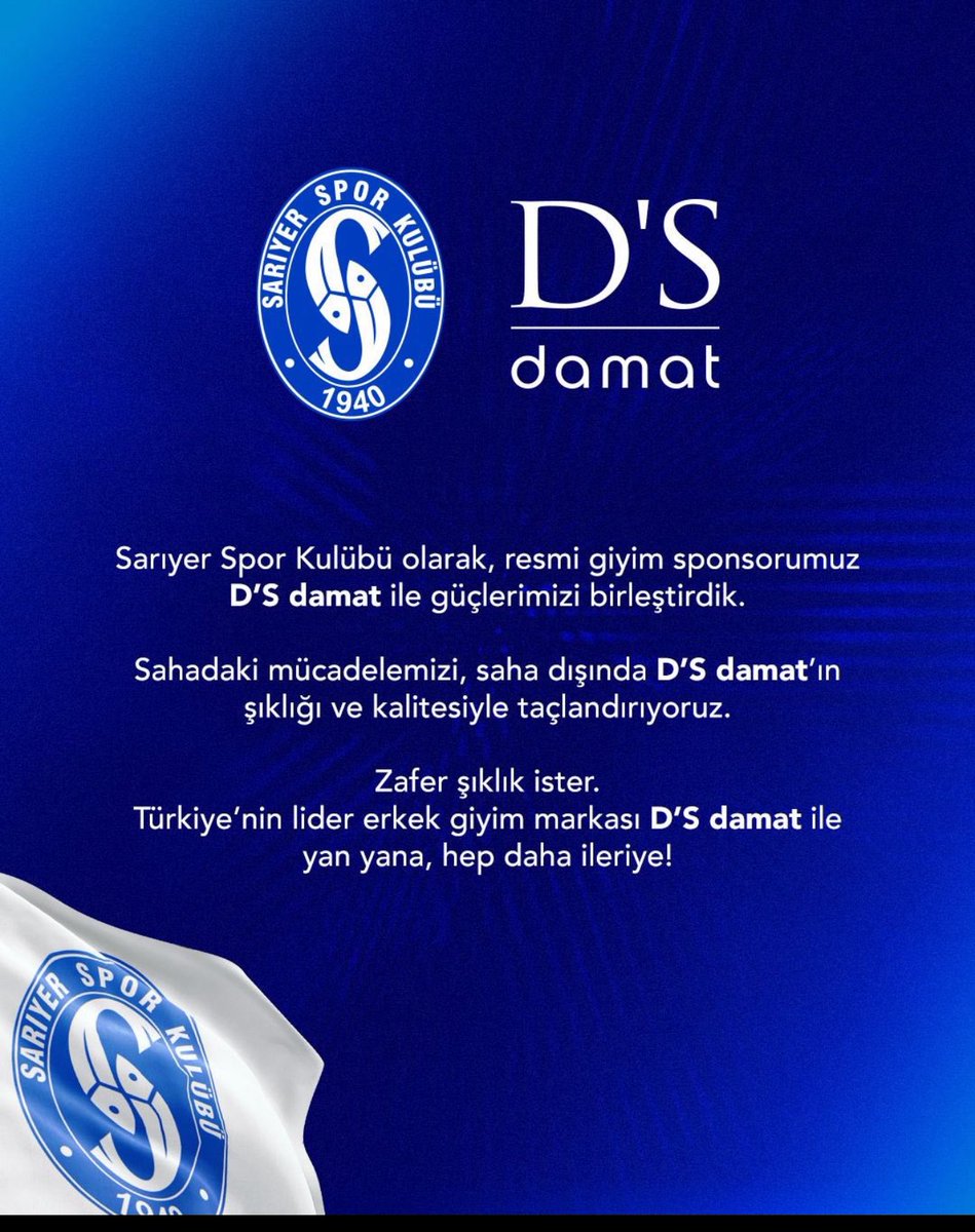 EYALDIZ85's tweet photo. Sarıyer Spor Kulübü olarak, resmi giyim sponsorumuz D’S Damat’a teşekkür ederiz. 💙🤍 Sahadaki mücadelemizi, saha dışında D’S Damat’ın şıklığıyla taçlandırıyoruz. Birlikte daha güçlü, birlikte daha şık! 👔 #SarıyerSK #DSDamat @DS_Damat https://t.co/LsMIannIgP