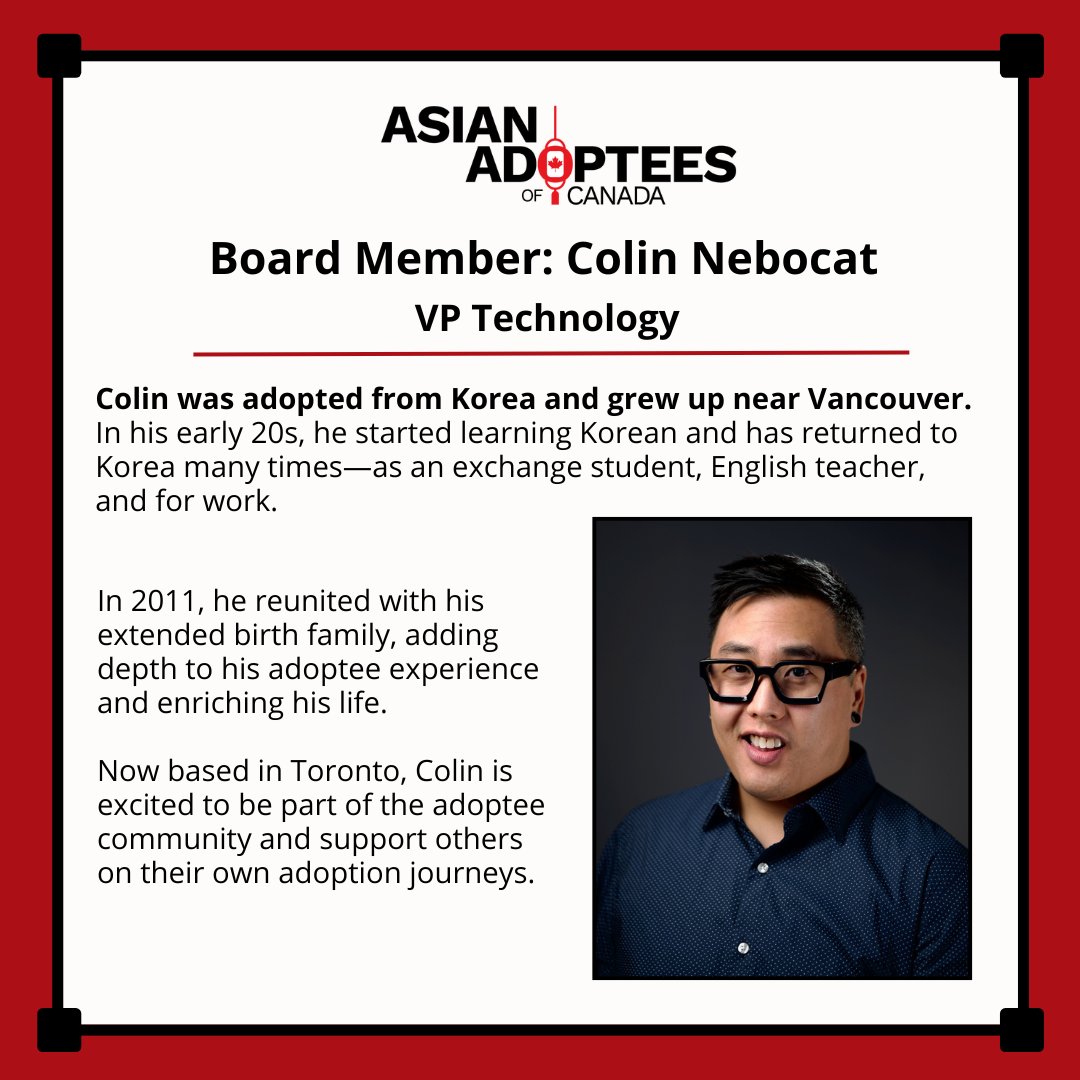Meet our Board Member, Colin Nebocat

Colin was adopted from Korea and grew up near Vancouver. In his early 20s, he started learning Korean and has returned to Korea many times as an exchange student, English teacher, and for work.