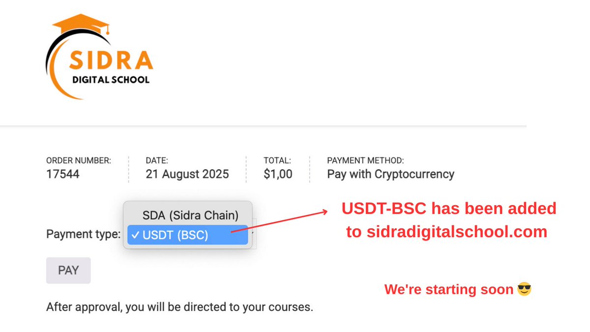 sidrachain57502's tweet photo. 🚀 Big Update Ahead!!! 🎉
💳 After successfully adding SDA payments, we’re now introducing USDT (BSC Network) as a new payment option on our website! 🔥
📢 With the support of the Sidra team, strong marketing campaigns will be starting very soon.
📚 Our courses are still being prepared, and instructor applications will be open to everyone in the near future!

👉 Stay tuned and keep supporting us!
Your encouragement as the Best Sidra Start Project motivates us to grow stronger every day. 💪✨
SDS TO THE MOON! 🌕🚀🔥
#SidraChain
#SidraBank
#SidraStart
#SidraDEX
#SidraCommunity
#SidraDigitalSchool
#USDT #BSC