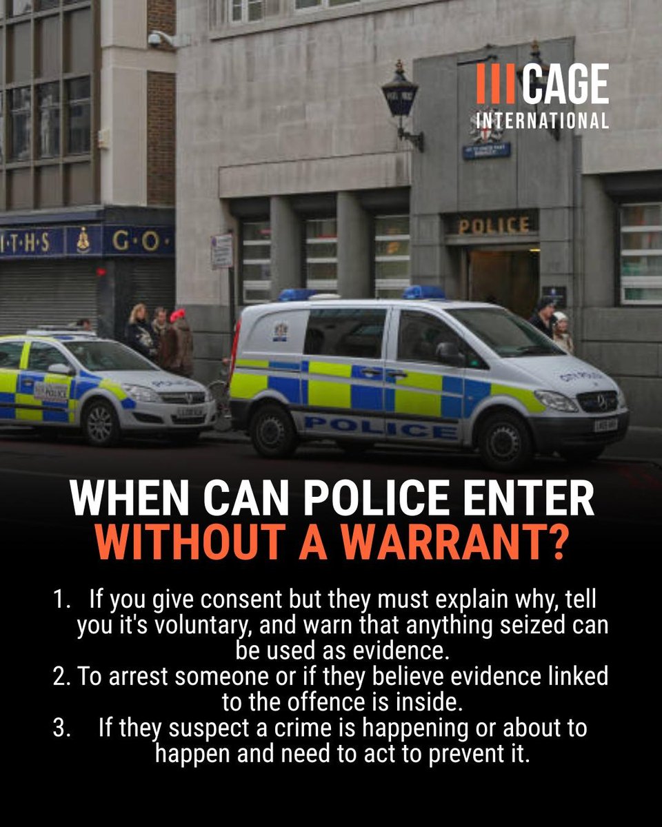 CAGE International (@cageintl) on Twitter photo ✊ KNOW YOUR RIGHTS: Police Raids
This guide by CAGE International breaks down your rights during a raid and what steps you can take.
📞 Helpline: 0300 030 2243
📧 Email: helpline@cage.ngo
If you’re at risk or facing a raid, contact us immediately. We’re here to support you. ✊ KNOW YOUR RIGHTS: Police Raids
This guide by CAGE International breaks down your rights during a raid and what steps you can take.
📞 Helpline: 0300 030 2243
📧 Email: helpline@cage.ngo
If you’re at risk or facing a raid, contact us immediately. We’re here to support you.