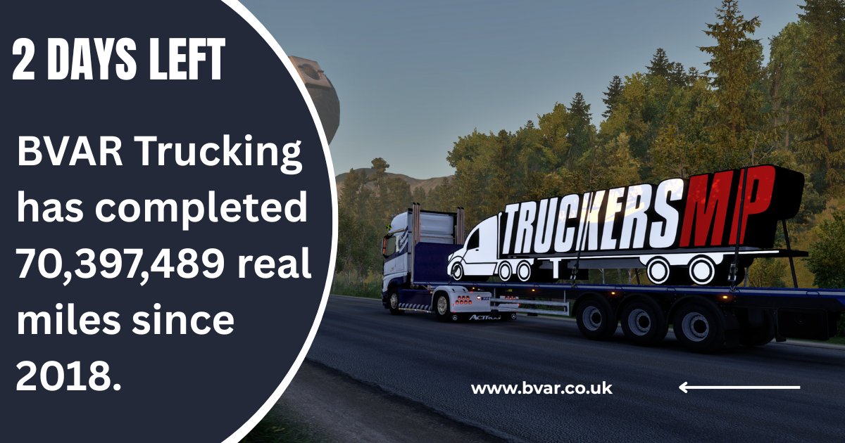It's hard to believe that BVAR Trucking has logged over 70,397,489 real miles in the past 7 years, and the total keeps increasing!

truckersmp.com/events/24152

📄Pickl3z
📸Pickl3z

#bvarvtc #truckersmp #ETS2 #TMP #BestCommunityEver
