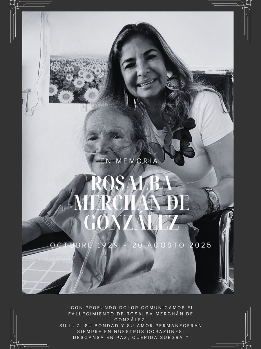 Nos unimos en oración por el descanso eterno de mi querida suegra, Rosalba Merchán de González, quien con su bondad y amor marcó la vida de todos los que la rodearon.
Tu luz y tu legado seguirán guiando a nuestra familia.