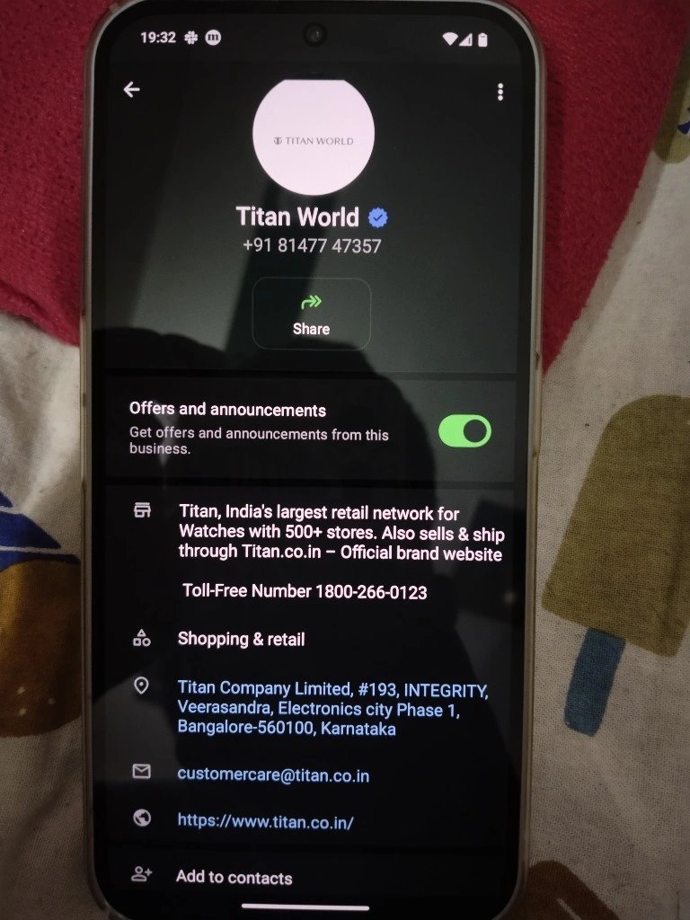 Atharva Patel (@atharva6315) on Twitter photo Hi <a href="/titanwatches/">Titan Watches India</a>, I got a WhatsApp message today about a promotion but I noticed the display picture is a screenshot of the original logo Titan World from another mobile. Plz check it and could you update it with a fresh logo DP? Thanks! Hi <a href="/titanwatches/">Titan Watches India</a>, I got a WhatsApp message today about a promotion but I noticed the display picture is a screenshot of the original logo Titan World from another mobile. Plz check it and could you update it with a fresh logo DP? Thanks!