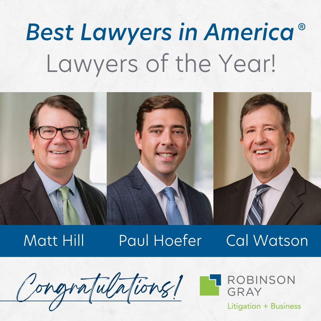 A big honor for our firm: 34 Robinson Gray attorneys have been named to <a href="/BestLawyers/">Best Lawyers</a> 2026! Three of those—Matt Hill, Paul Hoefer, and Cal Watson—earned the prestigious “Lawyer of the Year” distinction in their respective practice areas.  

Read more here: bit.ly/41jLSal