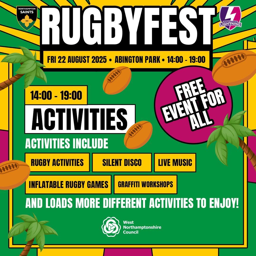RugbyFest is coming to Northampton tomorrow (Friday)

The free, family-friendly event in Abington Park will have activities to take part in between 2pm and 7pm