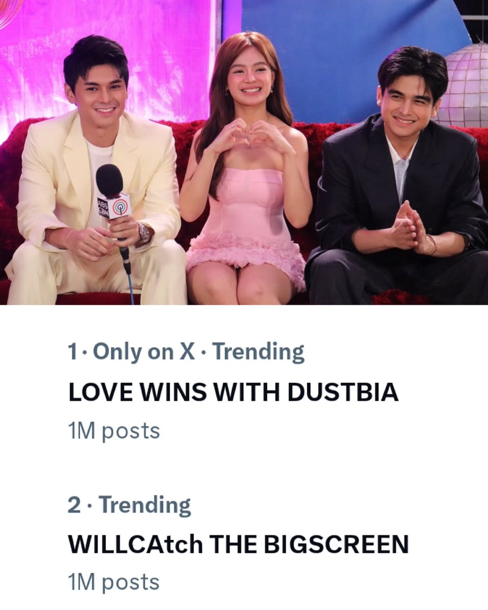 Kapamilya Online World (@kowalerts02) on Twitter photo THE FANDOMS ARE ON FIRE! ! ๐ฉต๐ฉท๐๐ฅ
DustBia and WillCa supporters just hit the 1 MILLION mark on Twitter. #LoveYouSoBad
Maraming salamat po sa inyo! ๐ฅฐ๐ฅฐ๐ฅฐ
LOVE WINS WITH DUSTBIA
WILLCAtch THE BIGSCREEN
<a href="/StarCinema/">Star Cinema</a> <a href="/GMAPictures/">GMA Pictures</a> <a href="/RegalFilms/">Regal Entertainment Inc.</a> <a href="/dustinyuu/">Dustin Yu</a> <a href="/biancadeveraa/">Bianca De Vera</a> THE FANDOMS ARE ON FIRE! ! ๐ฉต๐ฉท๐๐ฅ
DustBia and WillCa supporters just hit the 1 MILLION mark on Twitter. #LoveYouSoBad
Maraming salamat po sa inyo! ๐ฅฐ๐ฅฐ๐ฅฐ
LOVE WINS WITH DUSTBIA
WILLCAtch THE BIGSCREEN
<a href="/StarCinema/">Star Cinema</a> <a href="/GMAPictures/">GMA Pictures</a> <a href="/RegalFilms/">Regal Entertainment Inc.</a> <a href="/dustinyuu/">Dustin Yu</a> <a href="/biancadeveraa/">Bianca De Vera</a>