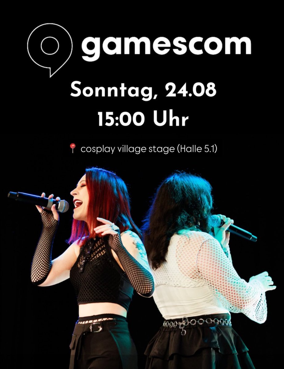 Am Sonntag sind wir auf der cosplay village stage der <a href="/gamescom/">gamescom</a> ! 
Um 15 Uhr startet unser 45-minütiges Konzert 🎤🎵 Wir singen Lieder aus bekannten Franchises wie zB Kpop Demon Hunters, League of Legends oder Alien Stage! ✨

Kommt gerne vorbei - wir freuen uns auf euch ♥️