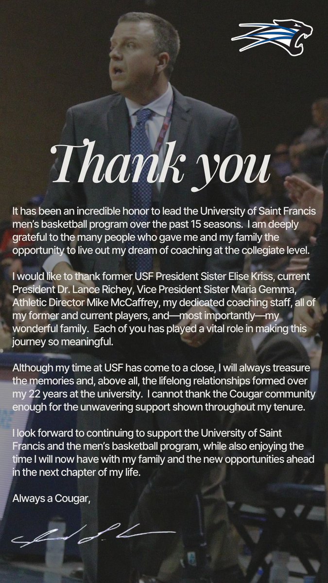Thankful for the opportunity to lead this great program for the past 15 seasons.  So many people have contributed to the success we had over the course of my time at USF and grateful to have had the opportunity to coach so many great men!  #GoCougars