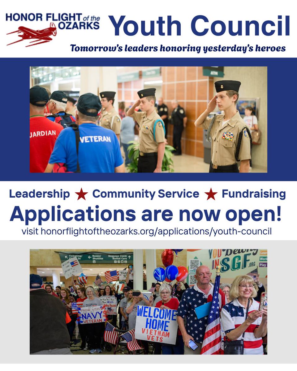 Honor Flight of the Ozarks  Youth Council is NOW accepting applications! 🙌  If you are highly motivated, self-starter, and want to give back to the community,  this is for you!! 🫶🇺🇸 Click the link  --> honorflightoftheozarks.org/applications/y…
#HFOyouthcouncil
