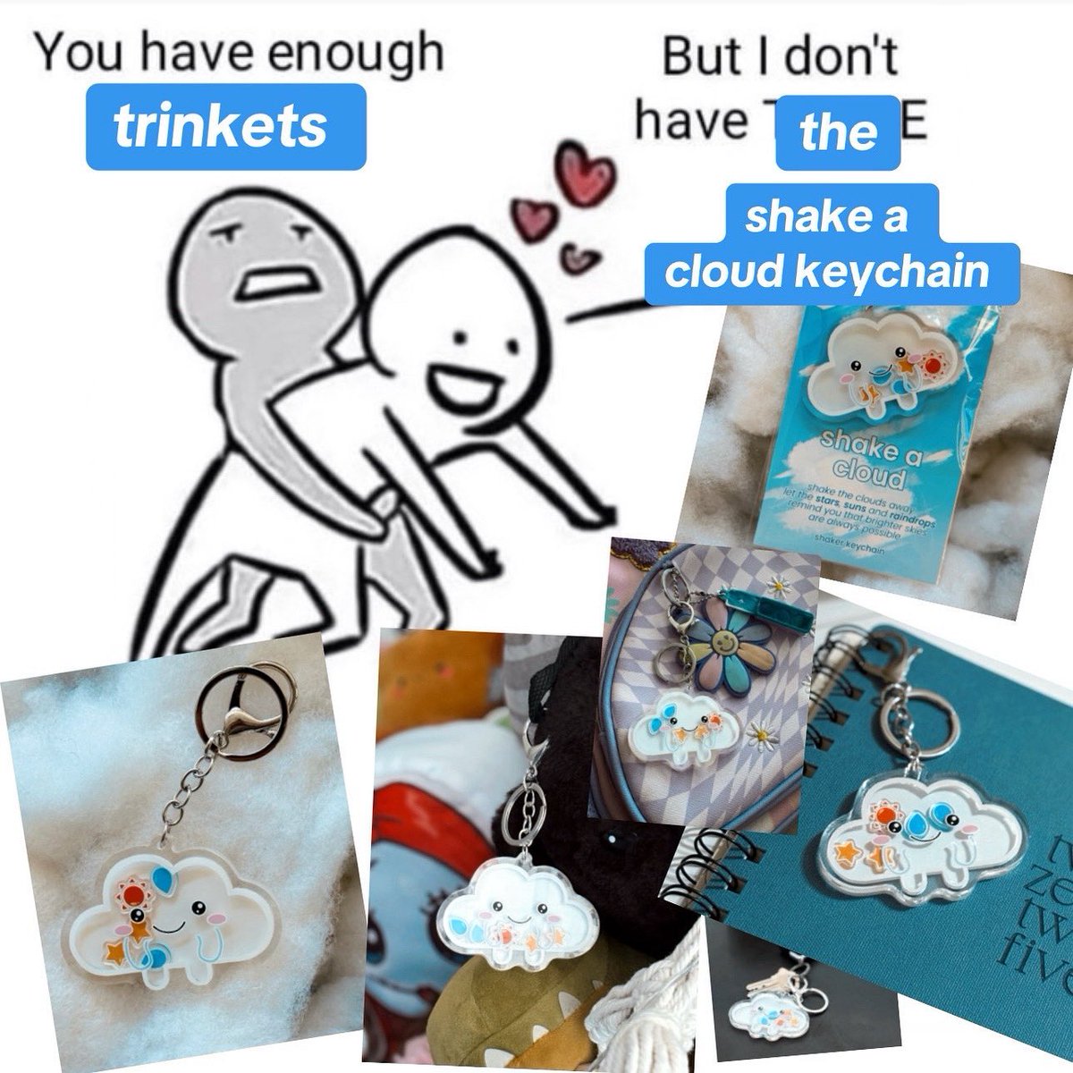thecloudproj's tweet image. POV: You swear you’re done buying trinkets… until you meet the cloud that shakes 👀☁️ 

#ShakeACloud #TheCloudProject #KeychainAddict #CuteKeychains #TrinketObsessed #CloudAesthetic #CloudCore #KeychainGoals #SmallBizSupport #IndieBrand #CloudCollectors #KeychainCommunity