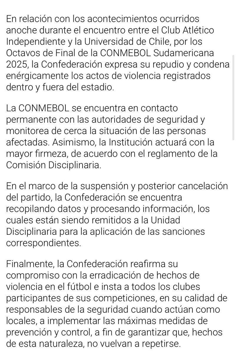 El comunicado de <a href="/CONMEBOL/">CONMEBOL.com</a> sobre la cancelación del partido entre Independiente vs U de Chile