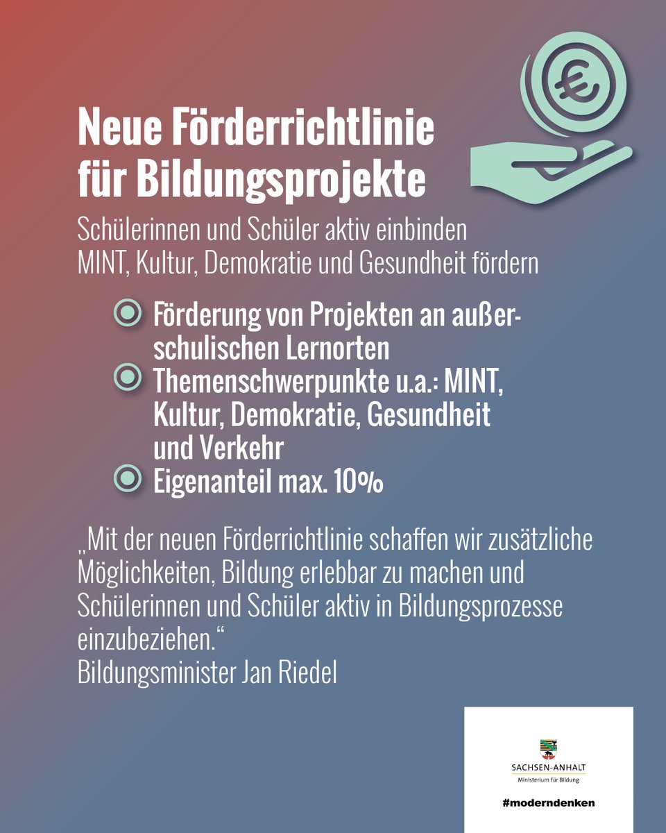 Ministerium für Bildung des Landes Sachsen-Anhalt (@mbsachsenanhalt) on Twitter photo 📢 Neue Förderrichtlinie in <a href="/sachsenanhalt/">Sachsen-Anhalt</a>! Bildungsprojekte, die Schülerinnen und Schüler aktiv einbeziehen, werden künftig noch vielfältiger unterstützt – inkl. #MINT, Kultur, Demokratie, Gesundheit und Verkehr. Mehr Infos 👉lsaurl.de/IES9b4 📢 Neue Förderrichtlinie in <a href="/sachsenanhalt/">Sachsen-Anhalt</a>! Bildungsprojekte, die Schülerinnen und Schüler aktiv einbeziehen, werden künftig noch vielfältiger unterstützt – inkl. #MINT, Kultur, Demokratie, Gesundheit und Verkehr. Mehr Infos 👉lsaurl.de/IES9b4