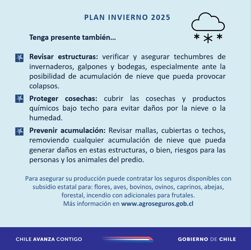 ⛄️❄️⛄️Ante el pronóstico de nevazones ente la noche de este jueves y el viernes entre las regiones de Coquimbo y La Araucanía, recordamos estas recomendaciones para el agro. <a href="/MinagriCL/">Ministerio de Agricultura de Chile 🇨🇱</a> <a href="/INDAP_Chile/">INDAP_Chile</a> <a href="/Sub_Agricultura/">Subsecretaría de Agricultura</a>