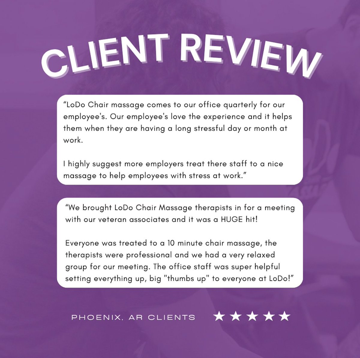 LoDoChair's tweet image. Big shoutout to our amazing Phoenix team for going above and beyond — and to our incredible clients for the kind words!

From veterans’ meetings to quarterly office visits, you’re making a difference one chair massage at a time.