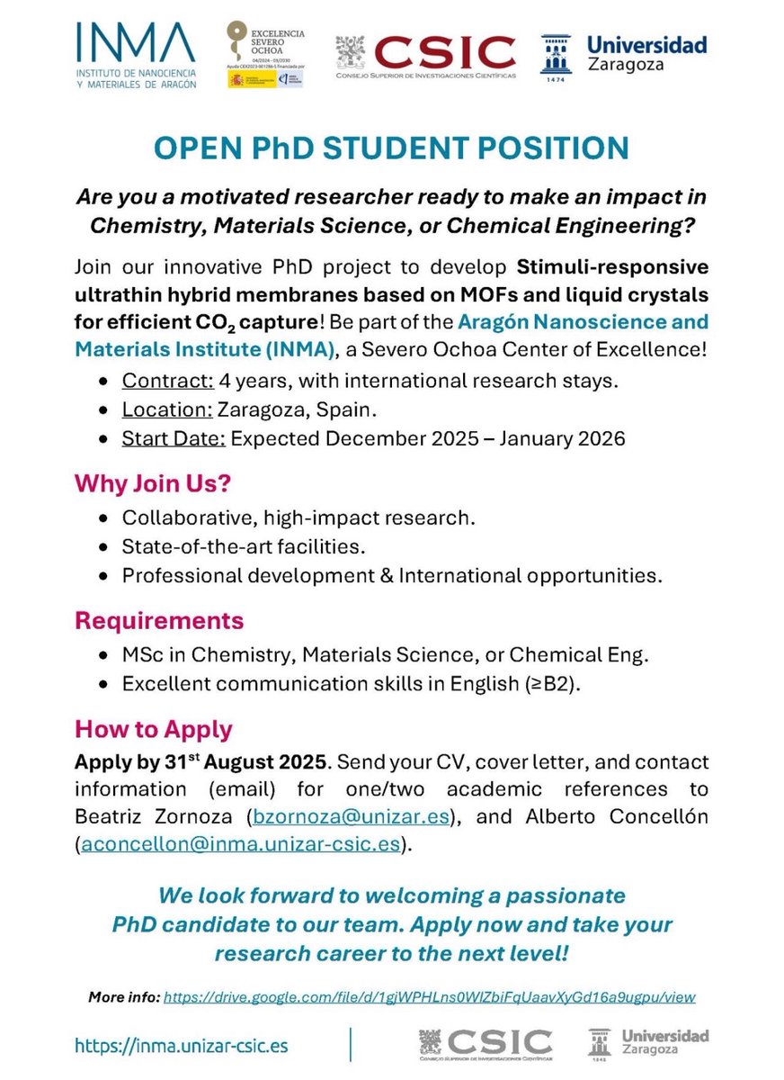 ObengCosmos's tweet photo. OPEN PhD STUDENT POSITION
Are you a motivated researcher ready to make an impact in Chemistry, Materials Science, or Chemical Engineering? https://t.co/cKLmWEmYSy