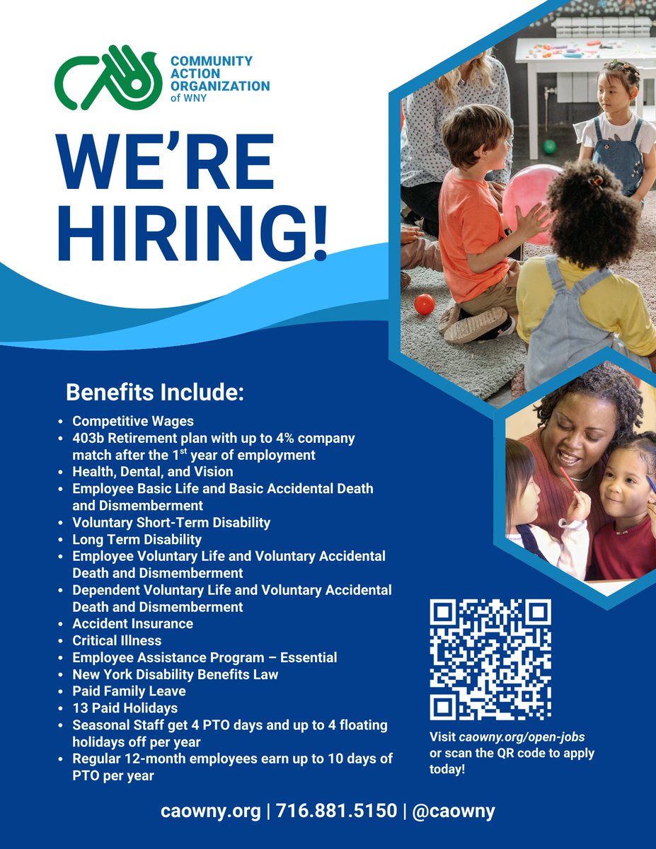 🌟 We’re Hiring! 🌟

Join the Community Action Organization of WNY and make a difference in our community. We’re looking for passionate, dedicated individuals to join our team!

📲 Apply today at caowny.org/open-jobs or scan the QR code on the flyer!

#CAOWNY #BuffaloJobs