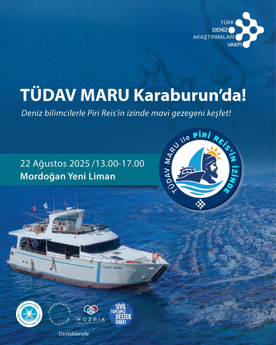 🚢🌊 TÜDAV MARU Karaburun’da!
📍 Mordoğan Yeni Liman
🗓️ 22 Ağustos 2025
🕐 13:00 – 17:00

Denizcilik tarihimizin büyük denizcisi Piri Reis’in rotasında, mavi yolculuğumuz devam ediyor! 🧭
Bu kez TÜDAV MARU Araştırma Gemisi, Karaburun’da sizleri karşılıyor.

🔬 Gemimizi keşfedin,