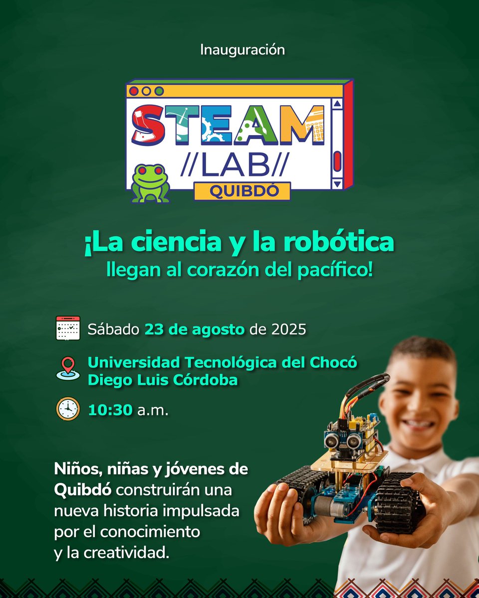 MincienciasCo's tweet photo. ✨¡La ciencia y la robótica llegan al territorio de Quibdó!
La ministra @YeseniaOlayaR, junto a su equipo de #MinCiencias y la @IngenieriaUNBog, inaugurarán el nuevo Laboratorio STEAM del programa #ColombiaRobótica.🤖
#ConDignidadCumplimos 🇨🇴 https://t.co/ePzq5QIx60