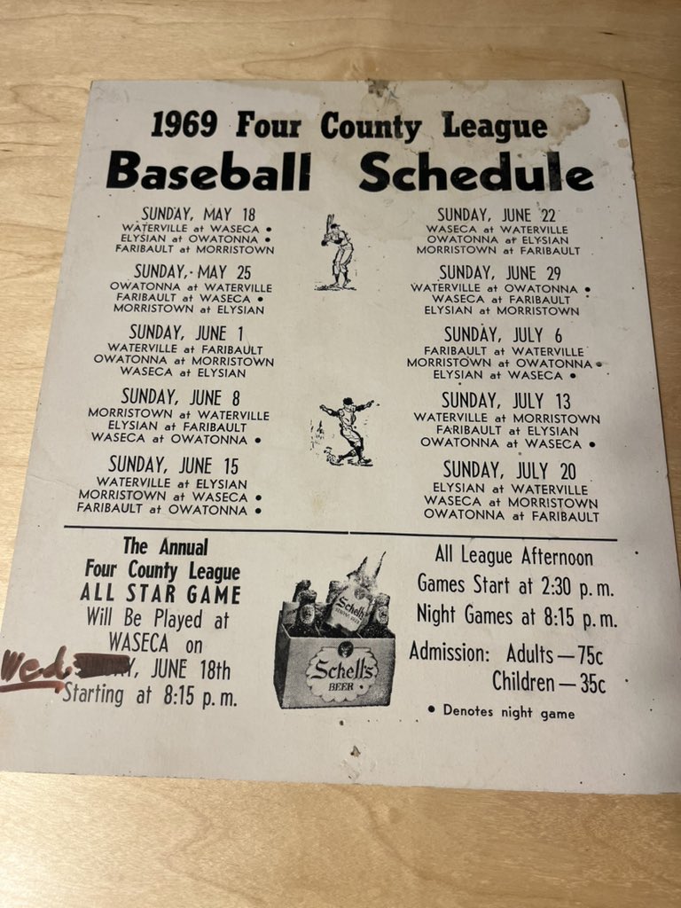 1969 Four County Schedule.  Owatonna and Faribault join the league Claremont drops out.  The counties are Dodge, LeSueur, Rice and Waseca. <a href="/1360Townball/">13/60 Amateur Baseball League</a> <a href="/MinnBaseball/">Minnesota Baseball Association</a> <a href="/Wtrvindians/">Waterville Indians</a> <a href="/MorriesBaseball/">Morristown Morries</a> <a href="/WasecaBraves7/">Waseca Braves</a> <a href="/FaribaultLakers/">Faribault Lakers</a> <a href="/TownBallTuesday/">Town Ball Tuesdays</a>