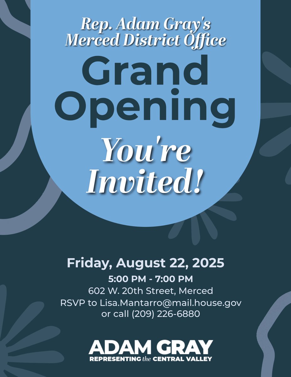 Join us tomorrow for the grand opening of our new District Office in Merced! Hope to see you there. Call my team at (209) 226-6880 with questions.