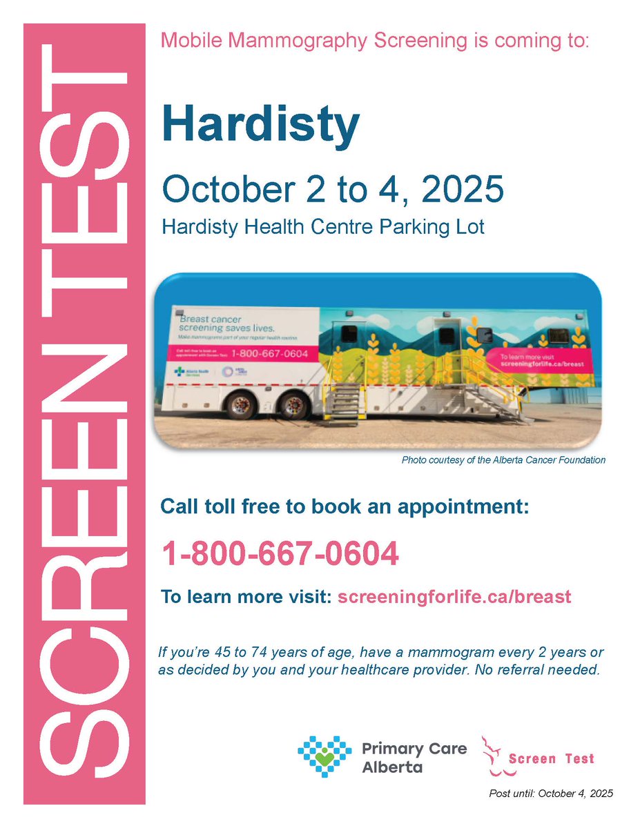 FlagstaffCounty's tweet image. The Screen Test Mobile Mammography Clinic is in Hardisty Oct. 2–4.
✅ No cost
📞 Call 1-800-667-0604 to book
Routine mammograms find cancer early — when treatment works best.
#BreastCancerAwareness #ScreenTest #Hardisty