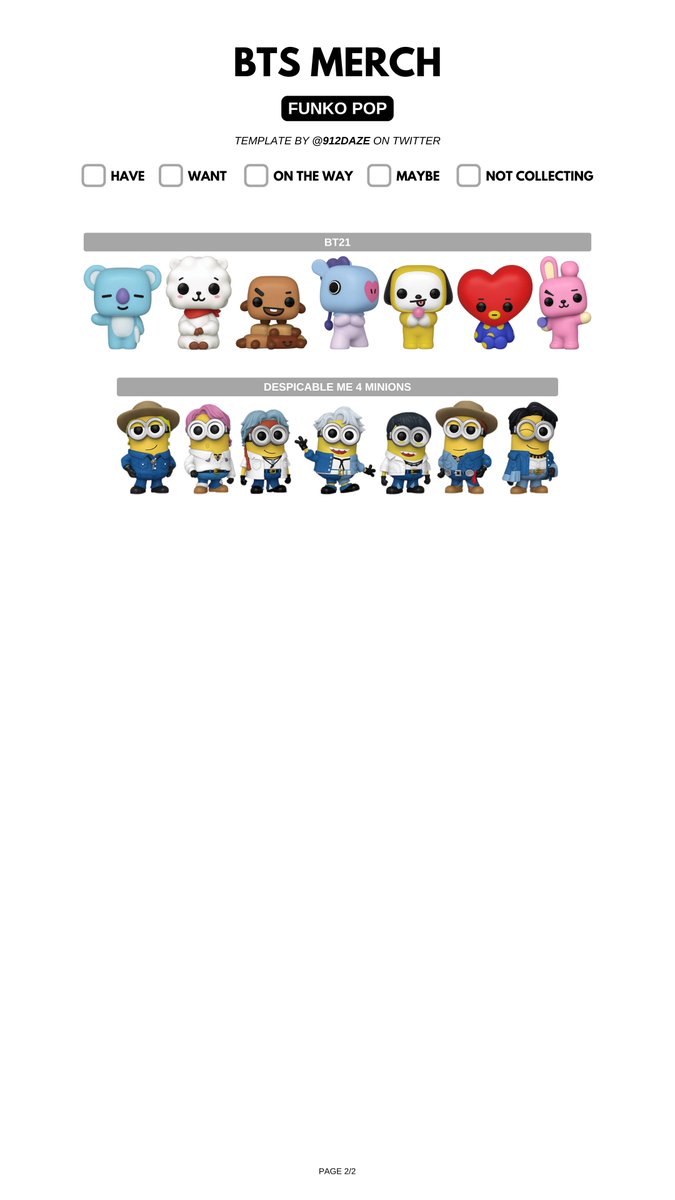 BTS MERCH FIGURINES MERCHANDISE WISHLIST WL TEMPLATES✨ ⭐️ Funko