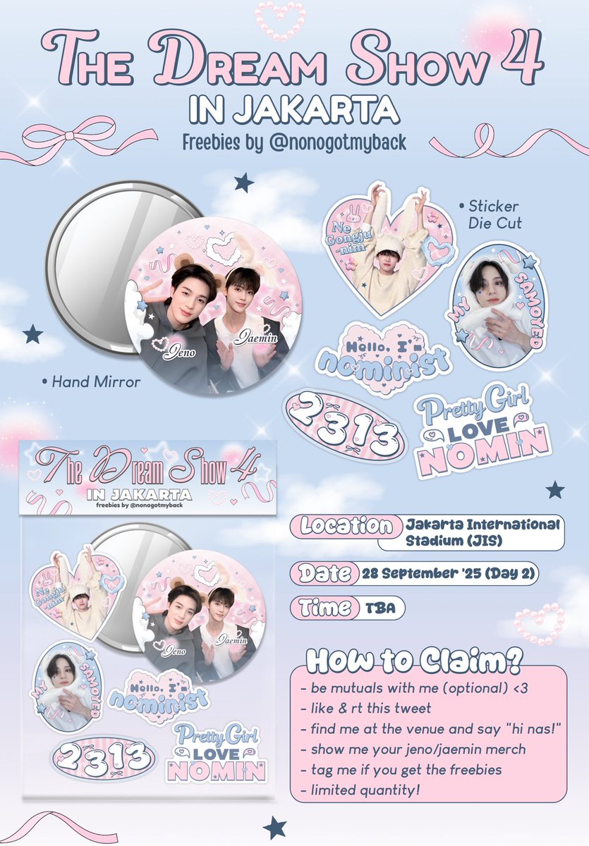 nonogotmyback's tweet photo. 𐙚⋆.˚ 𝗙𝗥𝗘𝗘𝗕𝗜𝗘𝗦 TDS 4 in Jakarta ˙⋆✮
~ by @nonogotmyback

────୨ৎ────

📅 September 28, 2025 (DAY 2)
📍 Jakarta International Stadium (JIS)
⏰ TBA

🧸ྀི how to claim? read tnc on pict

૮ .◜◡◝ ა see you at the venue! ᐢ ɞ̴̶̷ ̫ ɞ̴̶̷ ᐢ

#TDS4INJKT #JENO #JAEMIN https://t.co/cNAToriTwv