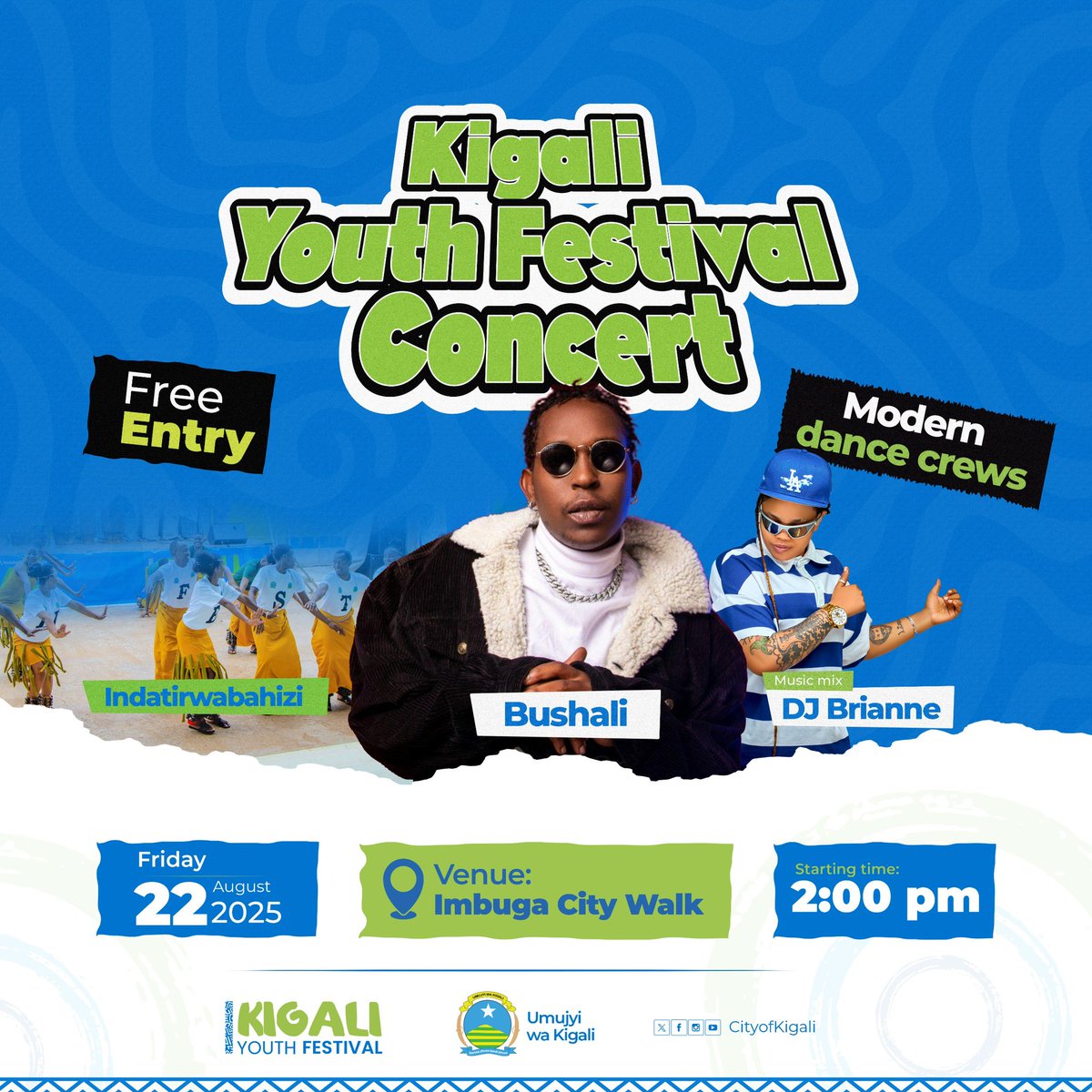 CityofKigali's tweet photo. Kigali mumeze mute? 

Reka tubahe map ejo ku wa Gatanu tariki 22 Kanama 2025 itwinjiza muri wikendi. 

Mu #ImbugaCityWalk tubafitiye igitaramo gitangiza Isangano ry’Urubyiruko muri #KigaliYacu. 

Tuzaba dufite abahanzi batandukanye mukunda cyane nka #Bushali, Itorero Indatirwabahizi n’amatsinda y’ababyinnyi anyuranye. 

Muzaze muri benshi, kwinjira ni ubuntu. 

#KigaliYouthFestival2025