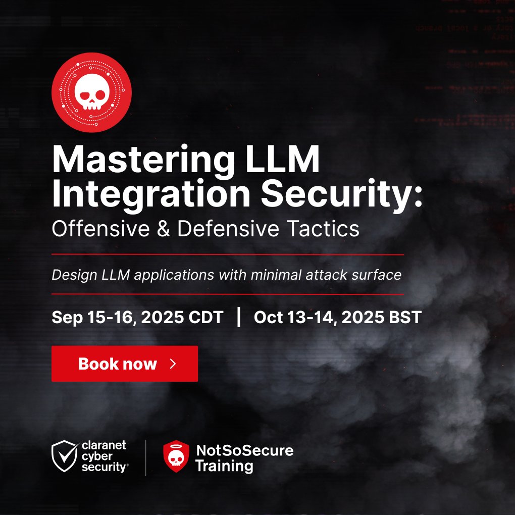 #AI is powerful. But are your #LLMintegrations secure? Join our 2-day hands-on course "Mastering LLM Integration Security" – this September &amp; October.

Sep 15-16th (USA timezone) - eventbrite.co.uk/e/mastering-ll…
Oct 13-14th (UK timezone) - eventbrite.co.uk/e/mastering-ll…

#aisecurity #CyberSec