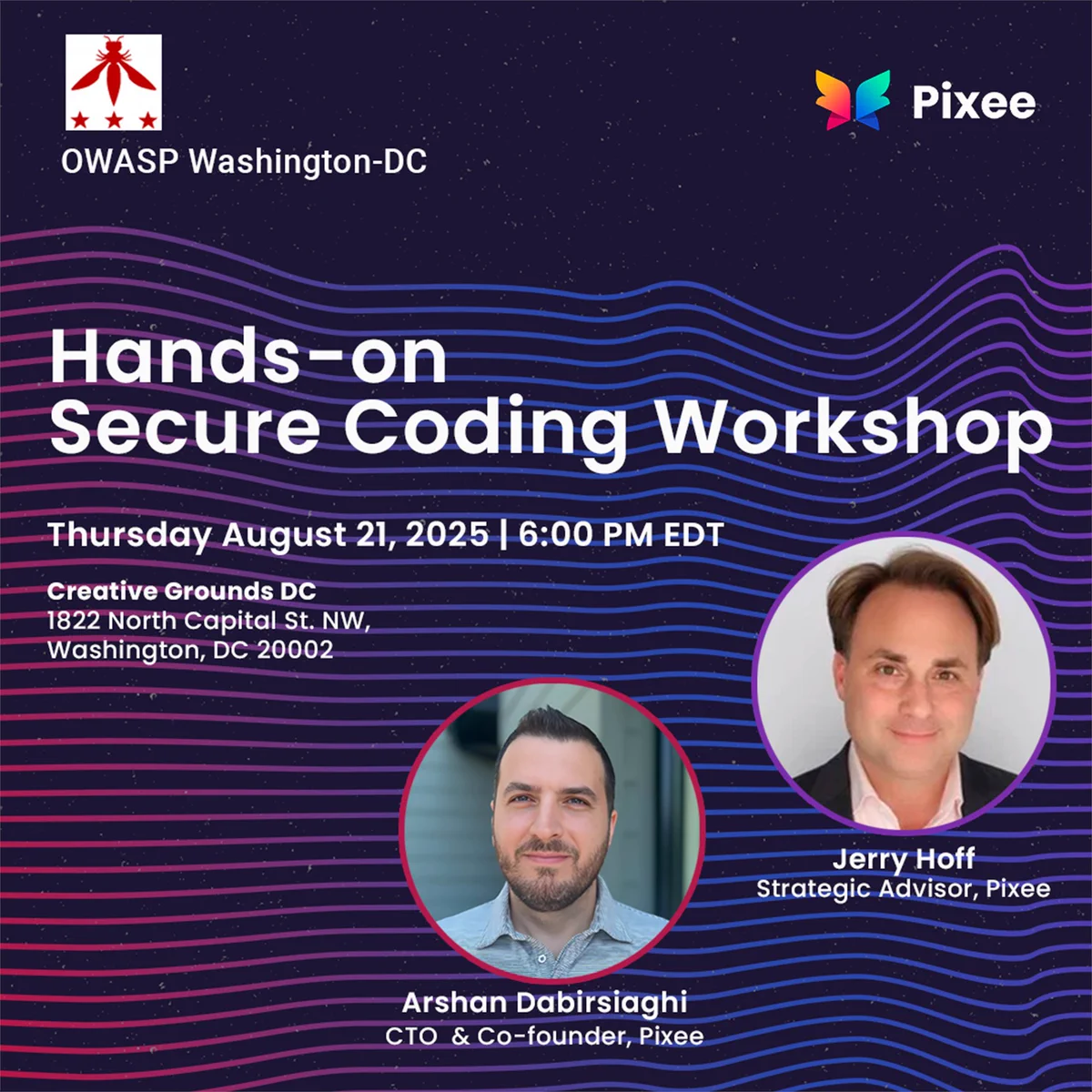 Promotional graphic for the OWASP Virtual Chapter event ‘From Reinforcement Learning to LLMs to Reinforce’ featuring Pixee co-founder and CTO Arshan Dabirsiaghi. Includes event date August 20, 2025, time 12–1 PM EDT, and a virtual event badge.