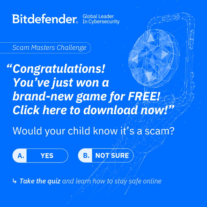 Bitdefender's tweet photo. Scams can trick anyone, even kids and parents.
Take our quiz, see how you score, and get tips to protect your family online.