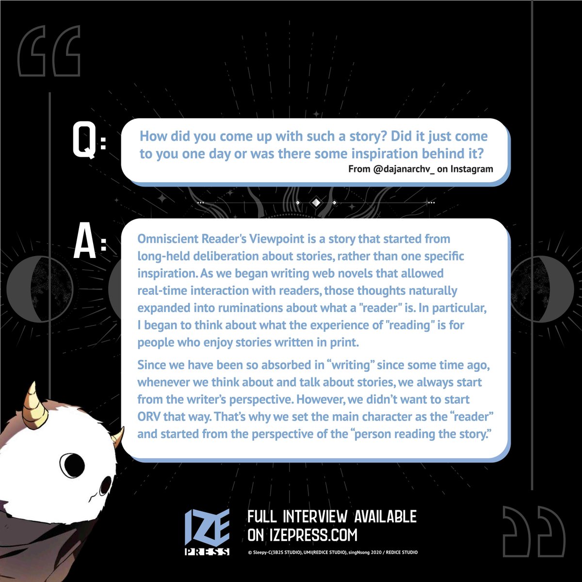 izepress's tweet photo. Celebrate the English print release of the Omniscient Reader's Viewpoint novel with some Q&amp;A from singNsong! 

What was the inspiration behind ORV? Find out the answer to this question and more by reading the full interview on our blog!: https://t.co/UXVZrlQ1US https://t.co/YaF0jG7yEb