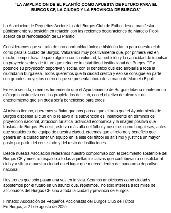 Asociación de Pequeños Accionistas del Burgos CF (@apabcf) on Twitter photo Comunicado oficial de APABCF: "La ampliación de El Plantío como apuesta de futuro para el <a href="/Burgos_CF/">Burgos Club de Fútbol</a>, la ciudad y la provincia de Burgos" ⬇️ Comunicado oficial de APABCF: "La ampliación de El Plantío como apuesta de futuro para el <a href="/Burgos_CF/">Burgos Club de Fútbol</a>, la ciudad y la provincia de Burgos" ⬇️