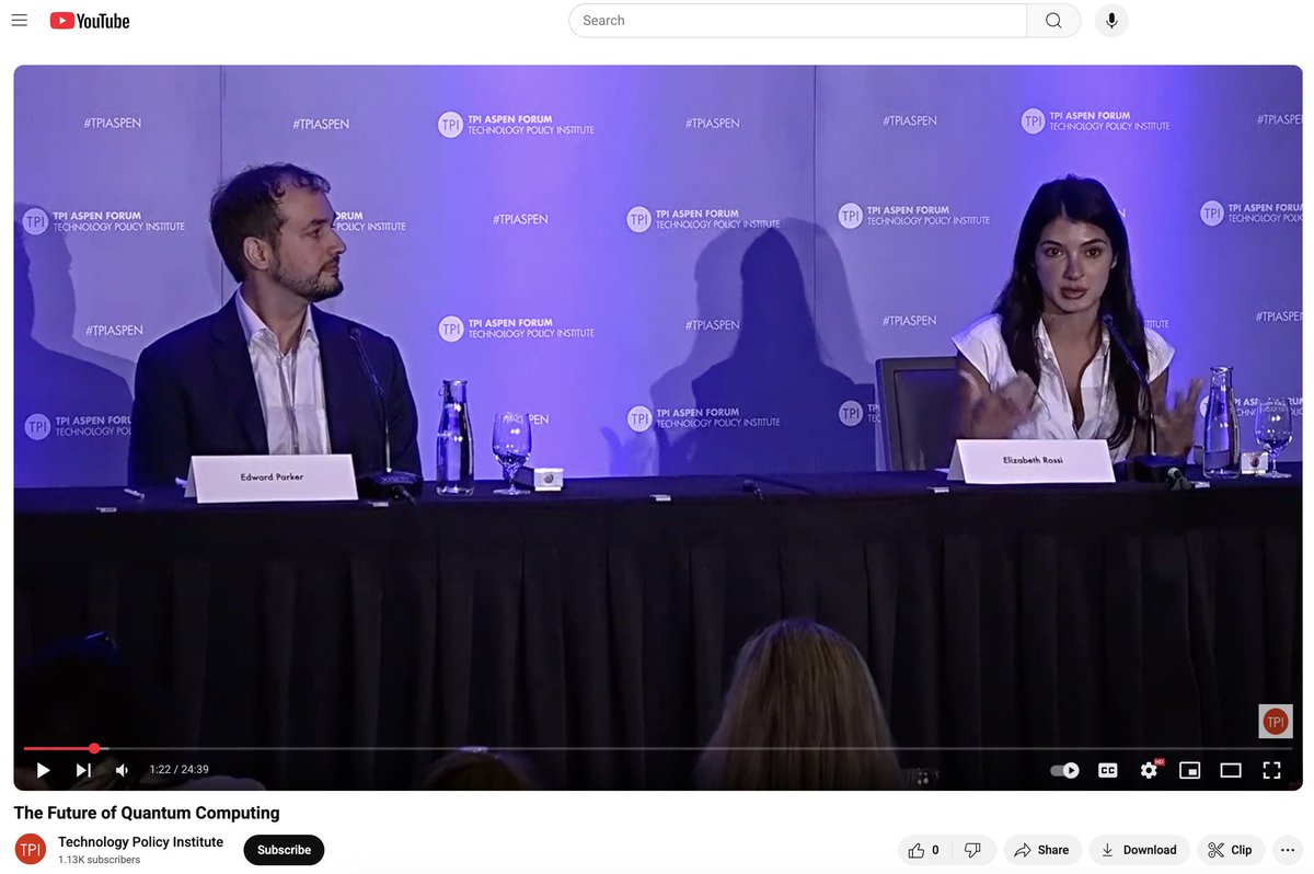 techpolicyinst's tweet image. ⏯️ TPI Aspen Forum 2025 Full Video Available! ⏯️  The Future of Quantum Computing with Edward Parker, Physical Scientist, RAND Corporation and Elizabeth Rossi, Quantum AI, Google #tpiaspen Watch it now --&amp;gt; youtube.com/watch?v=5qAolE…