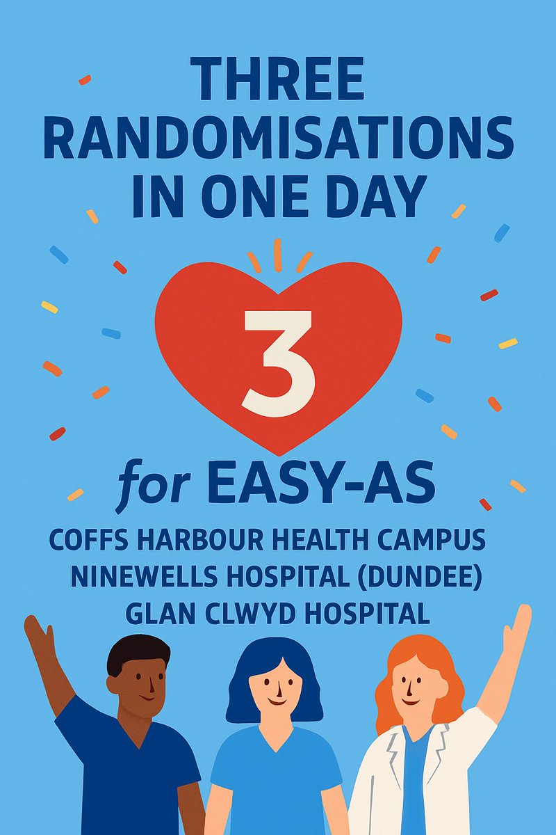 easyas_trial's tweet photo. 3 sites, 3 randomisations, one day - A big thank you from EASY-AS 🥳🎂🎉
@NHSTayside @BetsiCadwaladr @BHFCymru @LeicesterCTU @TheBHF @HeartNZ 
#Heart #AorticStenosis #Cardiology #clinicaltrials #ClinicalResearch #ResearchMatters #Randomisation #Participant #Expectant #Surgery https://t.co/hPII65DQvf